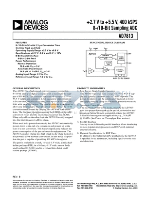 AD7813YN datasheet - 2.7 V to 5.5 V, 400 kSPS 8-/10-Bit Sampling ADC