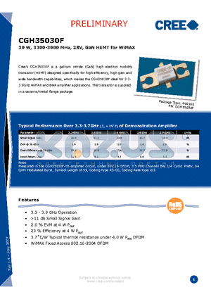 CGH35030F datasheet - 30 W, 3300-3900 MHz, 28V, GaN HEMT for WiMAX