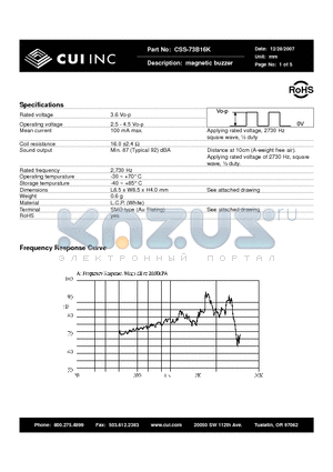 CSS-73B16K datasheet - magnetic buzzer