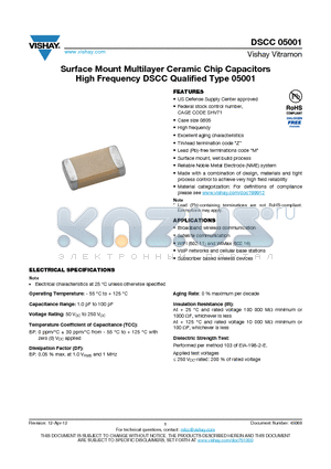 DSCC05001 datasheet - Surface Mount Multilayer Ceramic Chip Capacitors High Frequency DSCC Qualified Type 05001