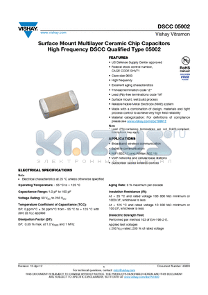 DSCC05002 datasheet - Surface Mount Multilayer Ceramic Chip Capacitors High Frequency DSCC Qualified Type 05002
