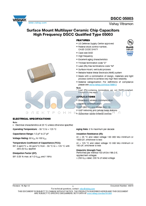 DSCC05003 datasheet - Surface Mount Multilayer Ceramic Chip Capacitors High Frequency DSCC Qualified Type 05003