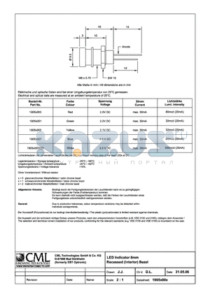 1905X003 datasheet - LED Indicator 8mm Recessed(Interior) Bezel