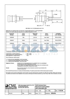 1905X02X datasheet - LED Indicator 8mm Recessed(Interior) Bezel with removable LED