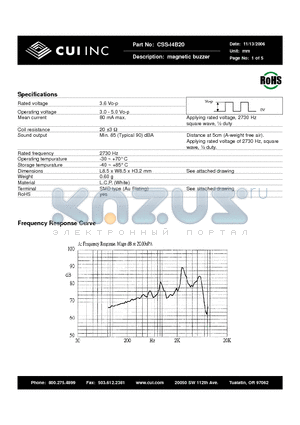 CSS-I4B20 datasheet - magnetic buzzer