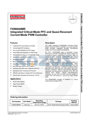 FAN6920MR datasheet - Integrated Critical-Mode PFC and Quasi-Resonant Current-Mode PWM Controller