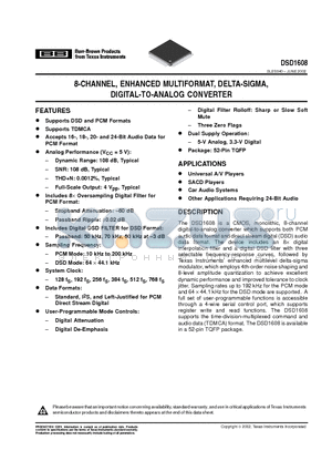 DSD1608 datasheet - 8-CHANNEL, ENHANCED MULTIFORMAT, DELTA-SIGMA, DIGITAL-TO-ANALOG CONVERTER