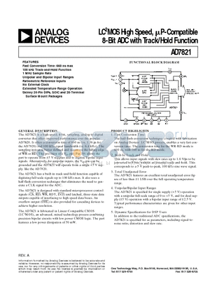 AD7821KN datasheet - LC2MOS High Speed, mP-Compatible 8-Bit ADC with Track/Hold Function