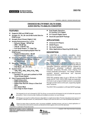 DSD1702 datasheet - ENHANCED MULTIFORMAT, DELTA-SIGMA, AUDIO DIGITAL-TO-ANALOG CONVERTER