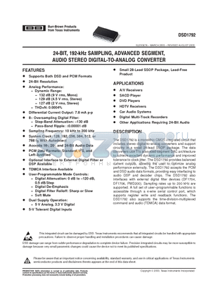 DSD1792DB datasheet - 24 bit 192 KHZ SAMPLING ADVANCED SEGMENT AUDIO STEREO DIGITAL TO ANARLOG CONVERTER