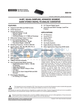 DSD1791 datasheet - 24 BIT 192 KHZ SAMPLING ADVANCED SEGMENT AUDIO STEREO DIGITAL TO ANALOG CONVERTER