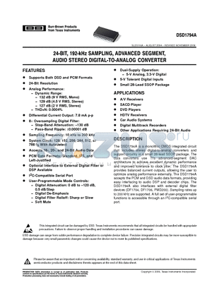 DSD1794A datasheet - 24-BIT,192-kHz SAMPLING, ADVANCED SEGMENT, AUDIO STEREO DIGITAL-TO-ANALOG CONVERTER