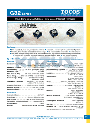 G32AB101M datasheet - 3mm Surface Mount, Single-Turn, Sealed Cermet Trimmers