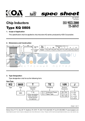 KQ0805TTE12N datasheet - Chip Inductors