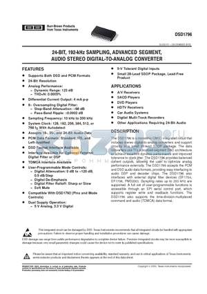 DSD1796DB datasheet - 24BIT 192KHZ SAMPLING ADVANCED SEGMENT AUDIO STEREO DIGITAL TO ANALOG CONVERTER