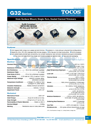 G32ATB101M datasheet - 3mm Surface Mount, Single-Turn, Sealed Cermet Trimmers