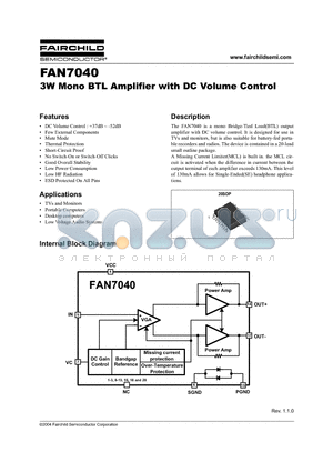 FAN7040 datasheet - 3W Mono BTL Amplifier with DC Volume Control