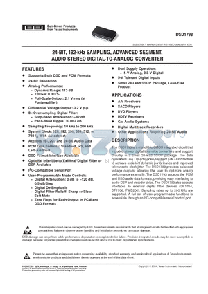 DSD1793 datasheet - 24 BIT 192 KHZ SAMPLING ADVANCED SEGMENT AUDIO STEREO DIGITAL TO ANALOG CONVERTER