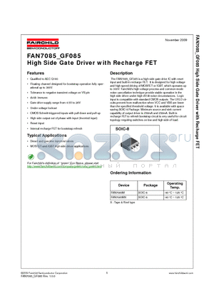 FAN7085 datasheet - High Side Gate Driver with Recharge FET