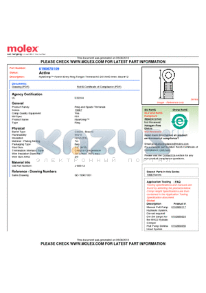 190670109 datasheet - NylaKrimp Funnel Entry Ring Tongue Terminal for 2/0 AWG Wire, Stud #12