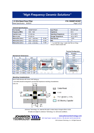 1906BP18C027 datasheet - 1.9 GHz Band Pass Filter