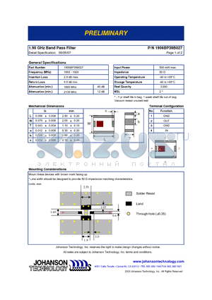 1906BP39B027 datasheet - 1.90 GHz Band Pass Filter