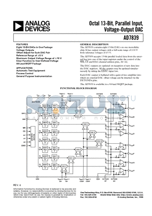 AD7839AS datasheet - Octal 13-Bit, Parallel Input, Voltage-Output DAC