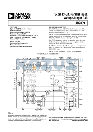 AD7839 datasheet - Octal 13-Bit, Parallel Input, Voltage-Output DAC