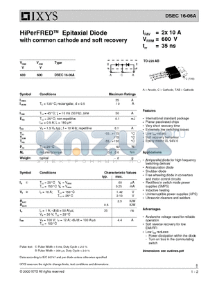 DSEC16-06A datasheet - HiPerFREDTM Epitaxial Diode with common cathode and soft recovery
