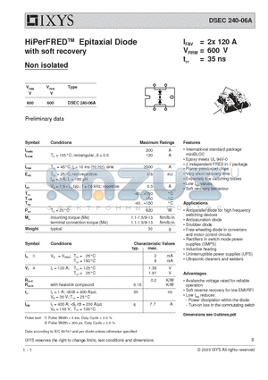 DSEC240-06A datasheet - HiPerFREDTM Epitaxial Diode with soft recovery