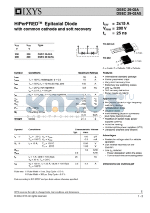 DSEC29-02A datasheet - HiPerFRED Epitaxial Diode with common cathode and soft recovery