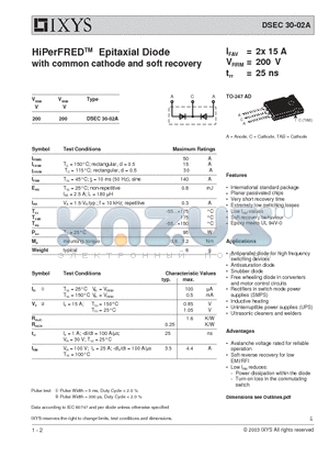 DSEC30-02A datasheet - HiPerFRED Epitaxial Diode with common cathode and soft recovery