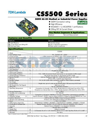 CSS500-36 datasheet - 500W AC-DC Medical or Industrial Power Supplies