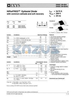 DSEC29-02AS datasheet - HiPerFRED Epitaxial Diode with common cathode and soft recovery
