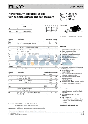 DSEC30-06A datasheet - HiPerFRED Epitaxial Diode with common cathode and soft recovery