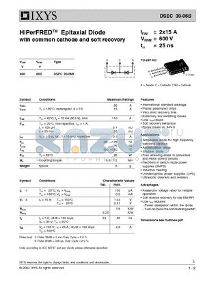 DSEC30-06B datasheet - HiPerFREDTM Epitaxial Diode with common cathode and soft recovery