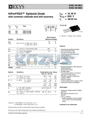 DSEC60-06B datasheet - HiPerFREDTM Epitaxial Diode with common cathode and soft recovery