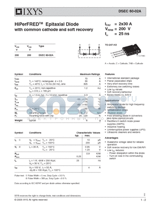 DSEC60-02A datasheet - HiPerFRED Epitaxial Diode with common cathode and soft recovery
