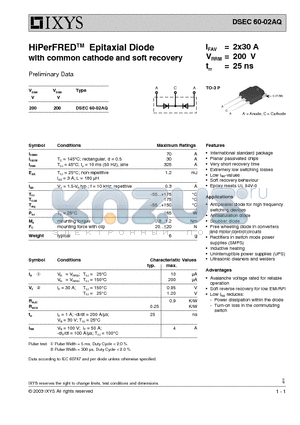 DSEC60-02AQ datasheet - HiPerFREDTM Epitaxial Diode with common cathode and soft recovery