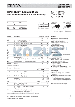 DSEC60-03A datasheet - HiPer FREDTM Epitaxial Diode with common cathode and soft recovery