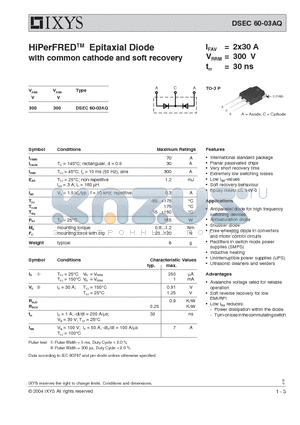 DSEC60-03AQ datasheet - HiPerFRED Epitaxial Diode with common cathode and soft recovery