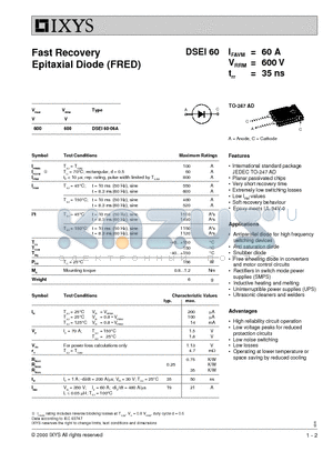 DSEI60-06 datasheet - Fast Recovery Epitaxial Diode (FRED)