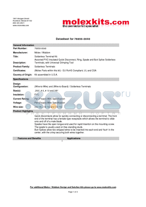 19070-0123 datasheet - Assorted PVC Insulated Quick Disconnect, Ring, Spade and Butt Splice Solderless Terminals, with Universal Crimping Tool