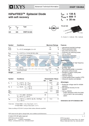 DSEP130-06A datasheet - HiPerFRED Epitaxial Diode with soft recovery