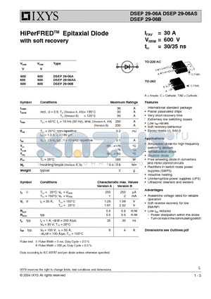 DSEP29-06AS datasheet - HiPerFREDTM Epitaxial Diode with soft recovery