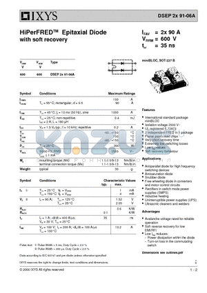 DSEP2X91-06A datasheet - HiPerFRED Epitaxial Diode with soft recovery