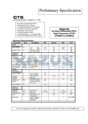350SBB622.080 datasheet - 9x14mm Differential PECL High Frequency VCXO(416MHz to 832MHz)