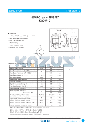 KQD5P10 datasheet - 100V P-Channel MOSFET