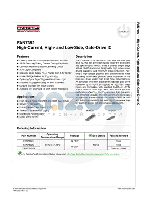 FAN7392 datasheet - High-Current, High- and Low-Side, Gate-Drive IC