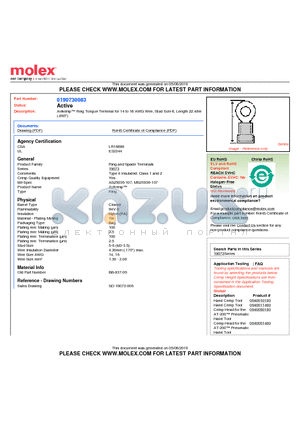 190730083 datasheet - Avikrimp Ring Tongue Terminal for 14 to 16 AWG Wire, Stud Size 6, Length 22.48m.885